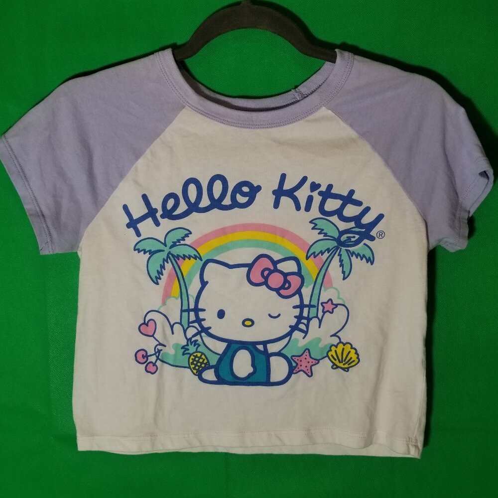 Hello Kitty XS White/Purple Crop T-Shirt Sanrio Beach Palm Tree